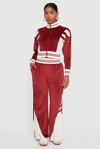 Womens Velour High Waisted Striped Detail Wide Leg Pants, Burgundy, Size L
