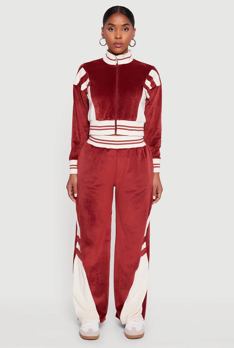 Womens Velour High Waisted Striped Detail Wide Leg Pants, Burgundy, Size L