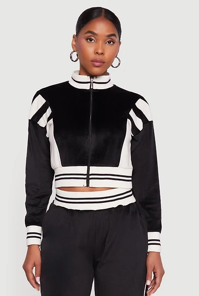 Womens Velour Mock Neck Zip Front Top with Stripes,