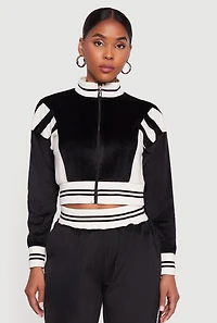 Velour Mock Neck Zip Front Top with Stripes