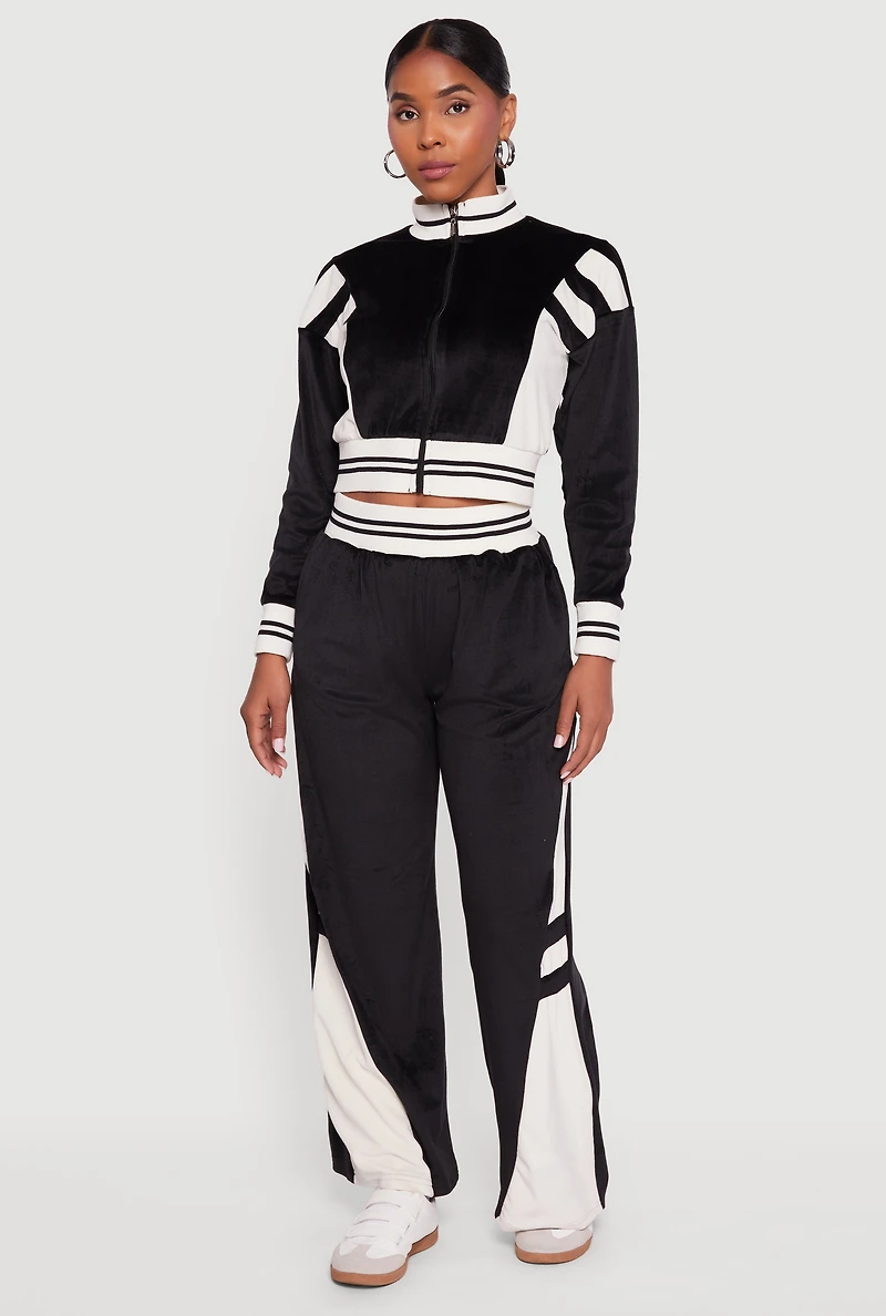 Womens Velour Mock Neck Zip Front Top with Stripes, Black, Size S