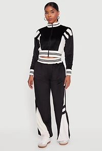 Womens Velour Mock Neck Zip Front Top with Stripes, Black, Size S