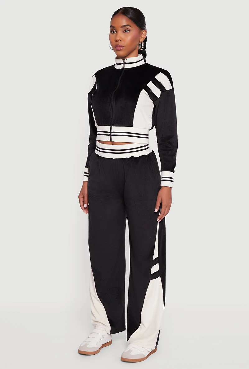 Womens Velour Mock Neck Zip Front Top with Stripes, Black, Size S