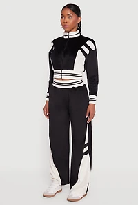 Womens Velour Mock Neck Zip Front Top with Stripes, Black, Size S