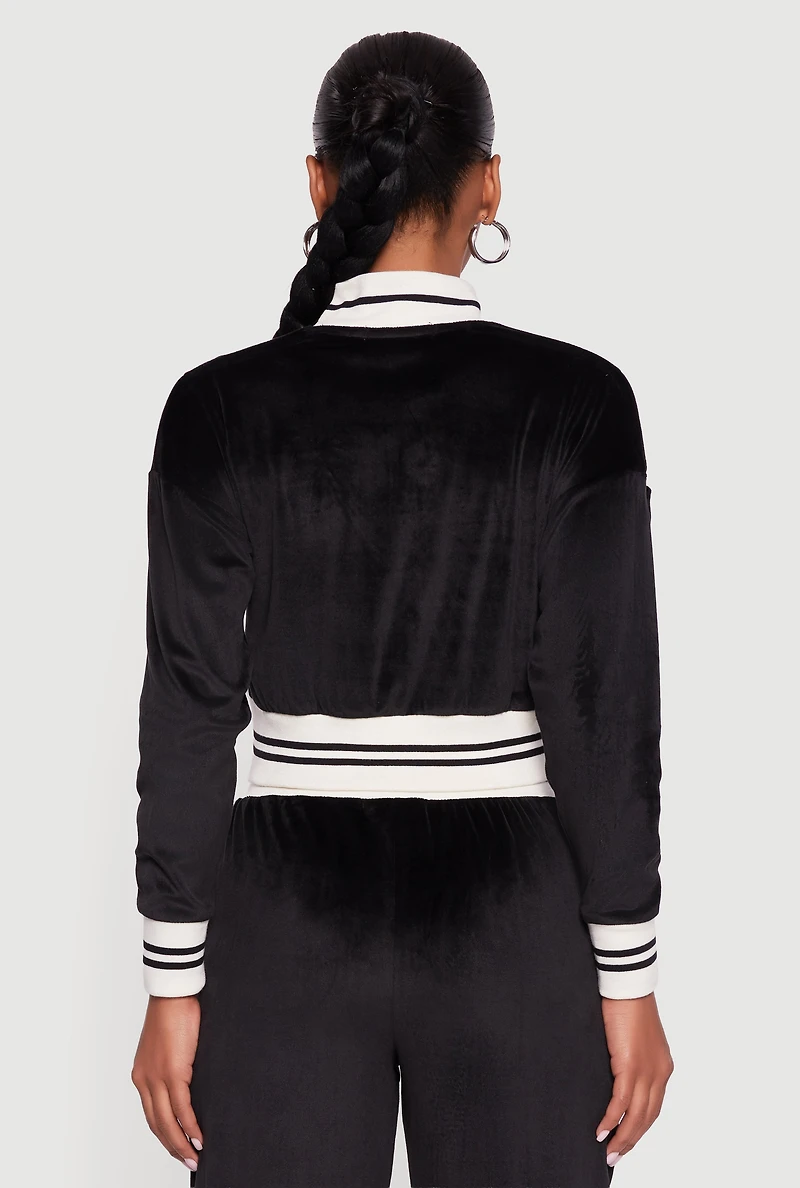 Womens Velour Mock Neck Zip Front Top with Stripes, Black, Size S