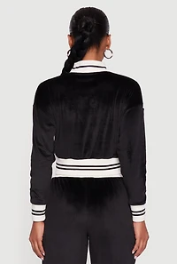 Womens Velour Mock Neck Zip Front Top with Stripes, Black, Size S