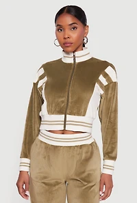 Womens Velour Mock Neck Zip Front Top with Stripes, Green, Size S