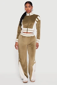 Velour Mock Neck Zip Front Top with Stripes