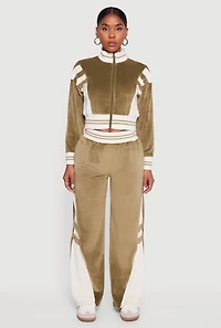 Velour Mock Neck Zip Front Top with Stripes