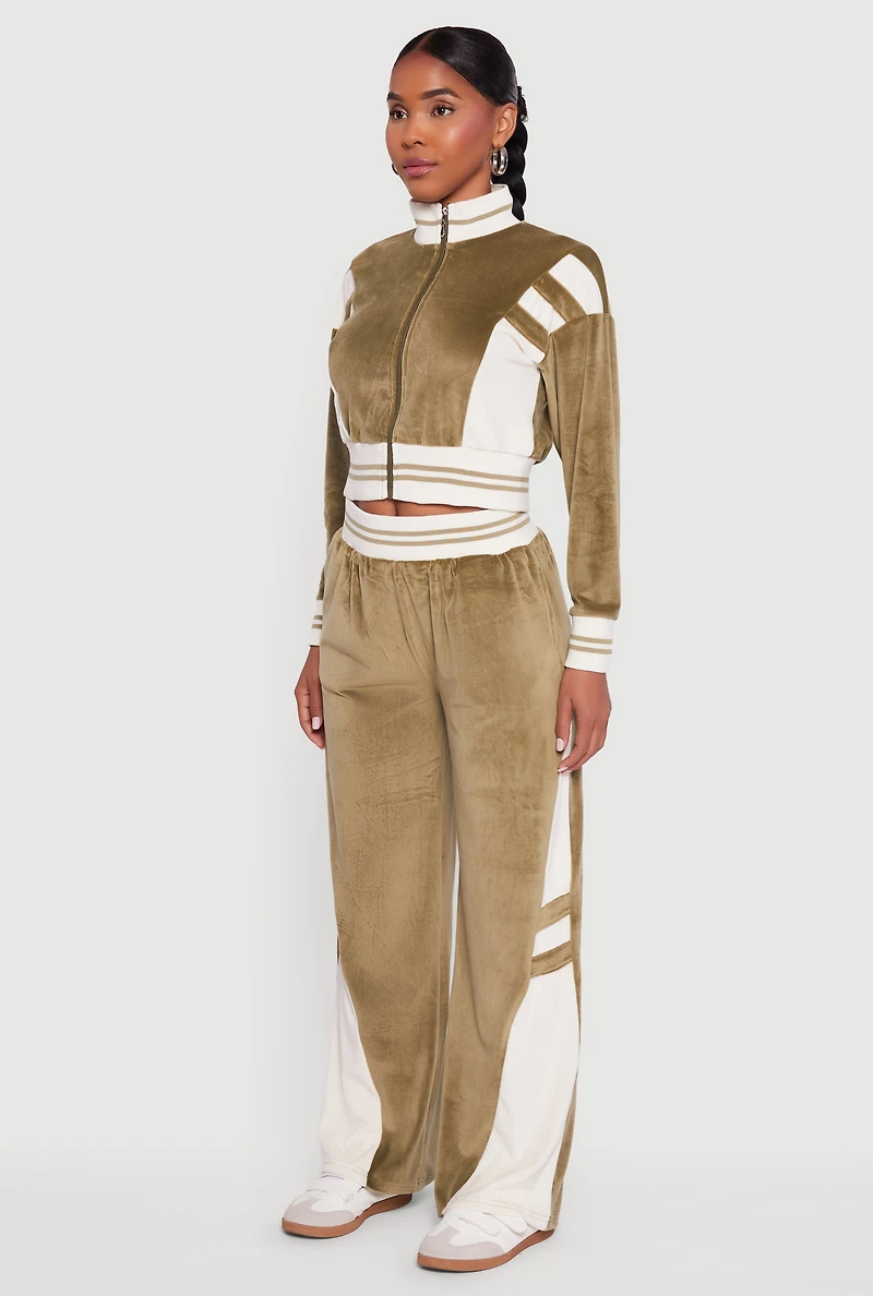 Velour Mock Neck Zip Front Top with Stripes