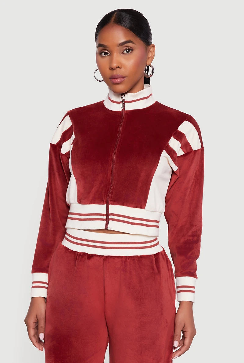 Womens Velour Mock Neck Zip Front Top with Stripes, Burgundy, Size XL