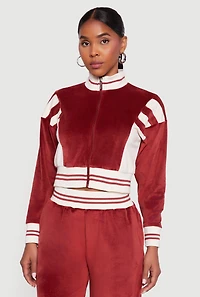 Womens Velour Mock Neck Zip Front Top with Stripes, Burgundy, Size XL