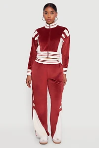 Womens Velour Mock Neck Zip Front Top with Stripes, Burgundy, Size XL