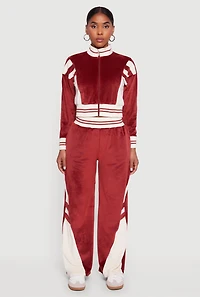 Womens Velour Mock Neck Zip Front Top with Stripes, Burgundy, Size XL