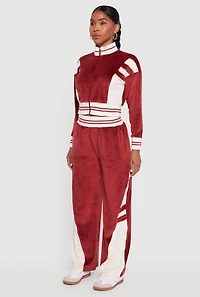 Womens Velour Mock Neck Zip Front Top with Stripes, Burgundy, Size XL