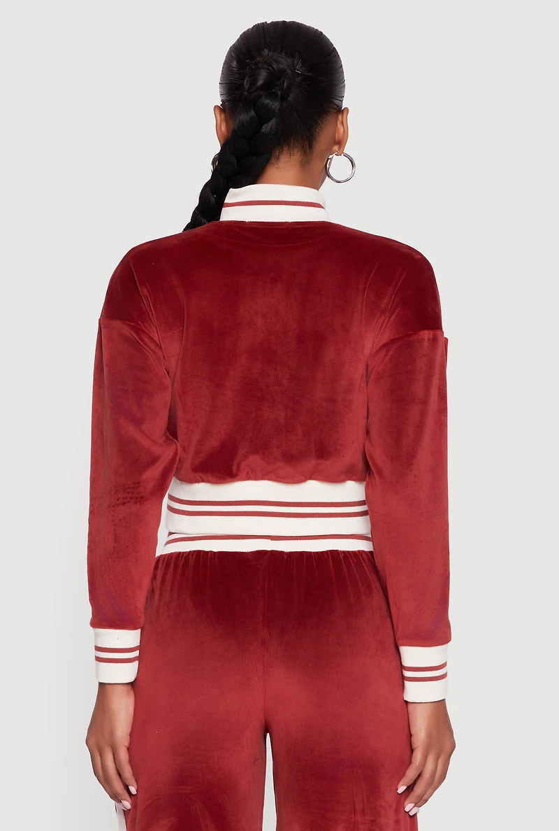 Womens Velour Mock Neck Zip Front Top with Stripes, Burgundy, Size XL