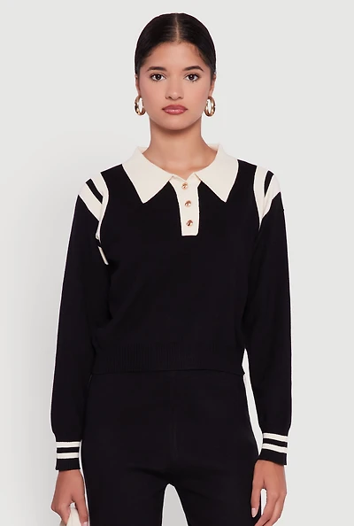 Womens Polo Collar Sweater with Varsity Stripes, Black, Size S-M