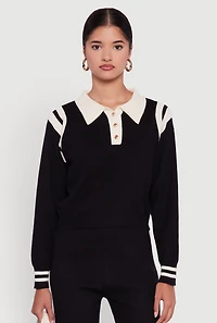 Womens Polo Collar Sweater with Varsity Stripes, Black, Size S-M