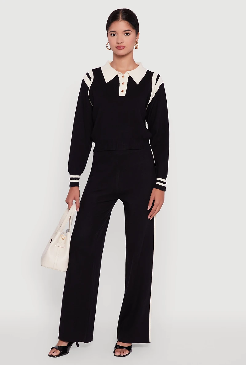 Womens Polo Collar Sweater with Varsity Stripes, Black, Size S-M