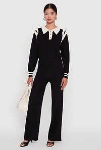 Womens Polo Collar Sweater with Varsity Stripes, Black, Size S-M
