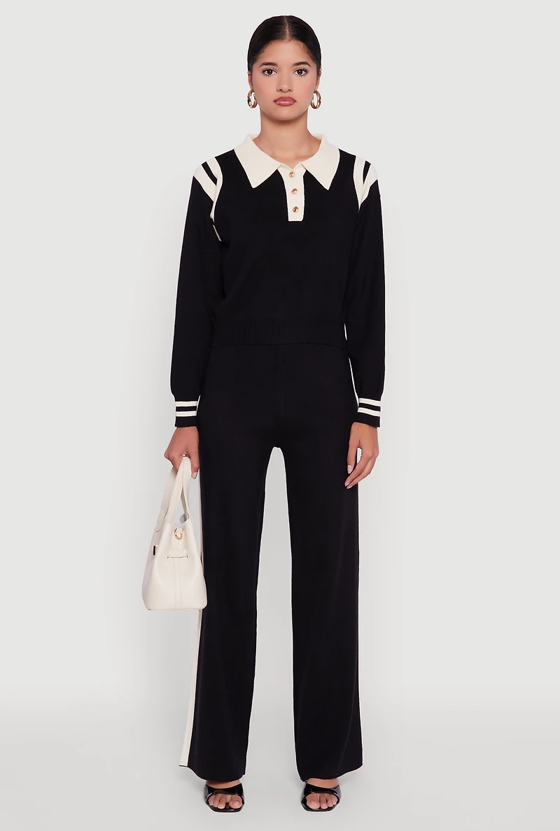 Womens Polo Collar Sweater with Varsity Stripes, Black, Size S-M