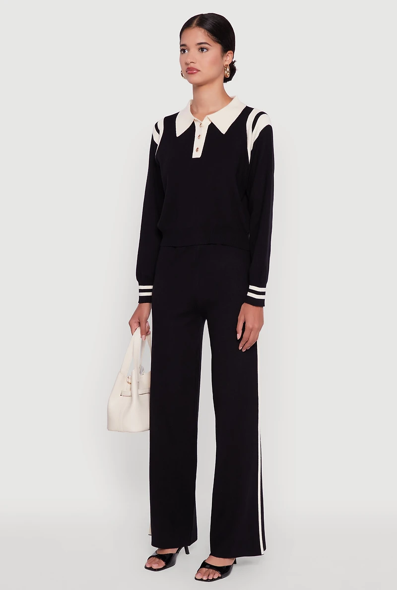 Womens Polo Collar Sweater with Varsity Stripes, Black, Size S-M