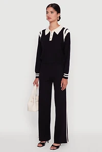Womens Polo Collar Sweater with Varsity Stripes, Black, Size S-M