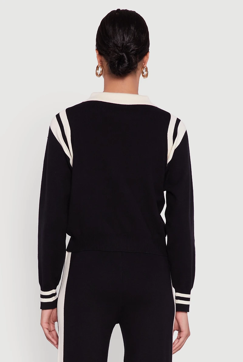 Womens Polo Collar Sweater with Varsity Stripes, Black, Size S-M