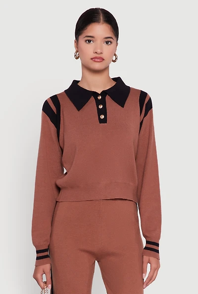 Womens Polo Collar Sweater with Varsity Stripes,