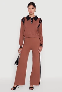 Womens Polo Collar Sweater with Varsity Stripes,