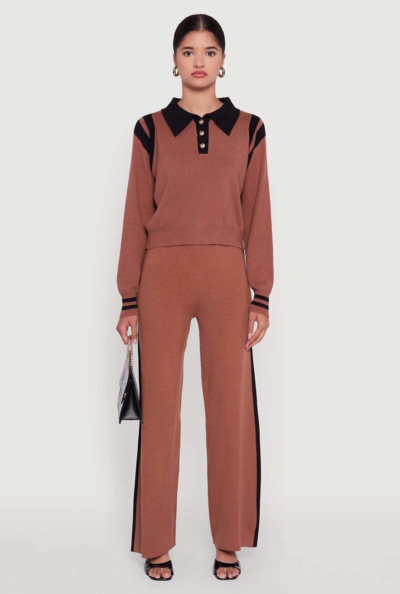Womens Polo Collar Sweater with Varsity Stripes,