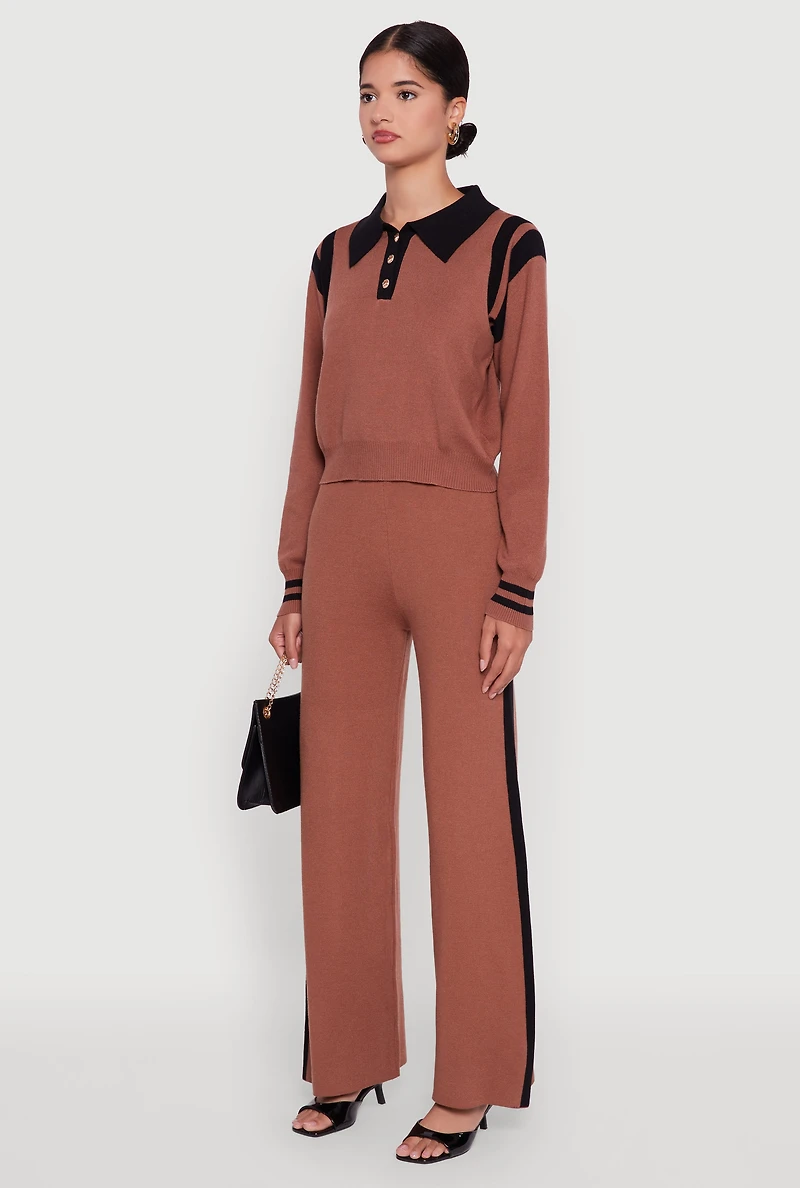 Womens Polo Collar Sweater with Varsity Stripes,