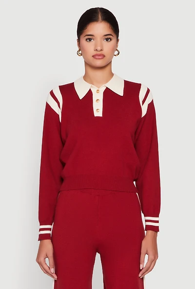 Womens Polo Collar Sweater with Varsity Stripes, Burgundy, Size L-XL