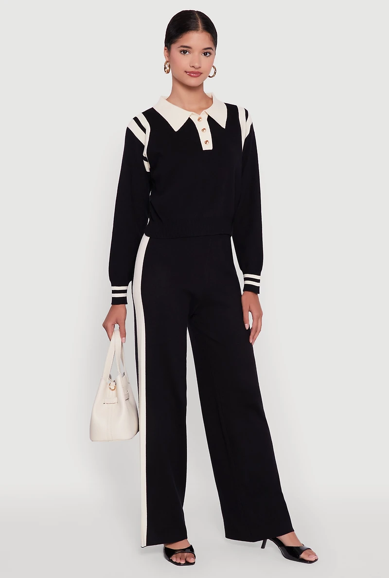 Womens Side Stripe Pull On Wide Leg Pants, Black, Size L-XL