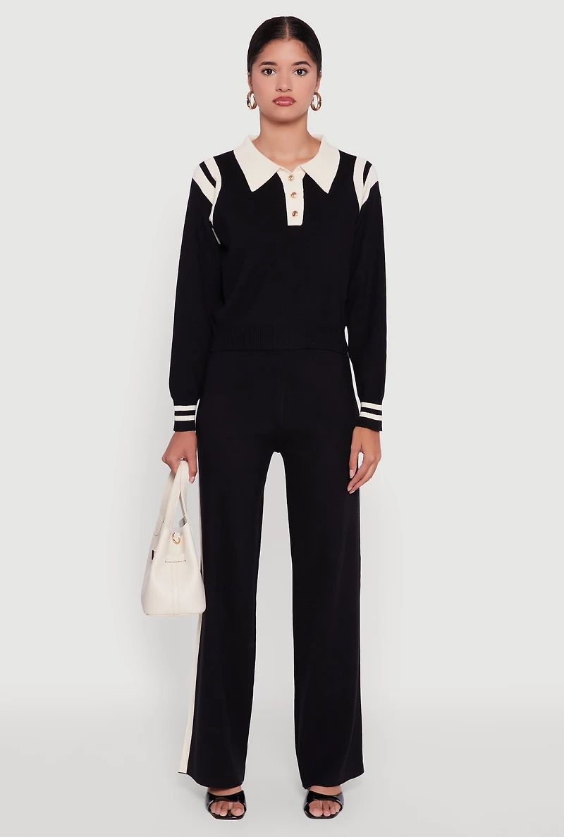 Womens Side Stripe Pull On Wide Leg Pants, Black, Size L-XL