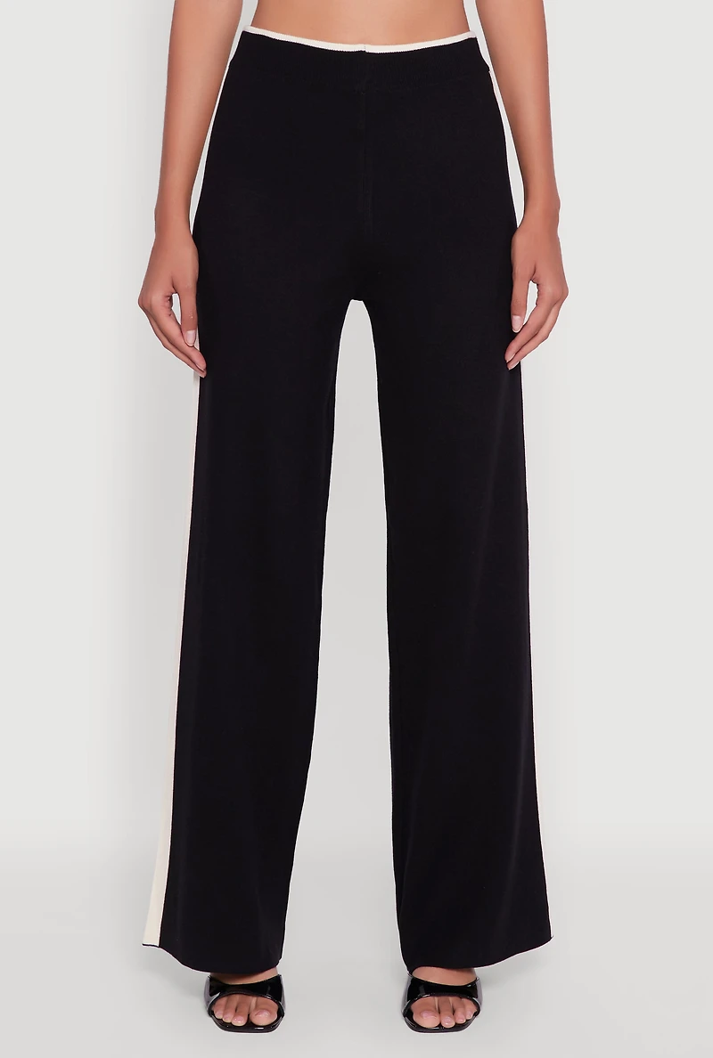 Womens Side Stripe Pull On Wide Leg Pants, Black, Size S-M