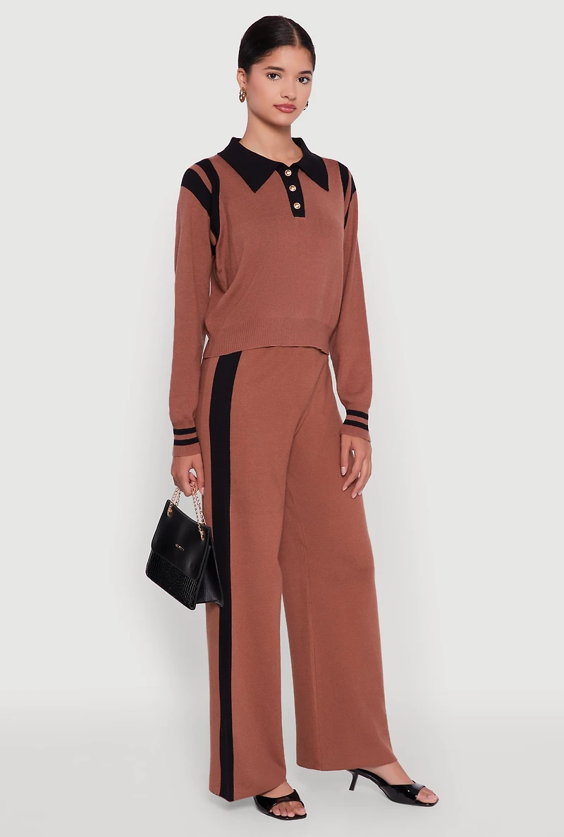 Womens Side Stripe Pull On Wide Leg Pants, Brown, Size L-XL
