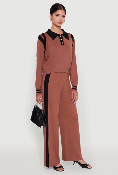 Womens Side Stripe Pull On Wide Leg Pants, Brown, Size L-XL