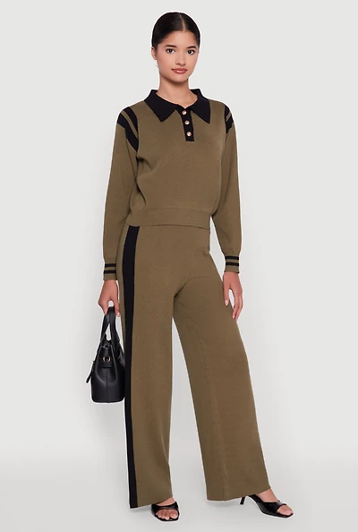 Womens Side Stripe Pull On Wide Leg Pants, Green, Size S-M