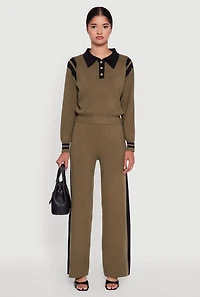 Womens Side Stripe Pull On Wide Leg Pants, Green, Size L-XL
