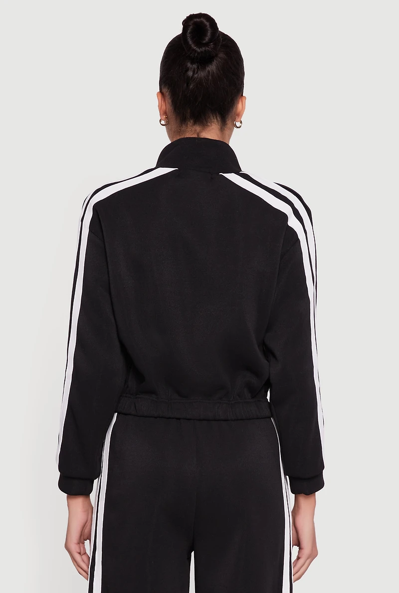 Womens Varsity Stripe Mock Neck Zip Front Sweatshirt,