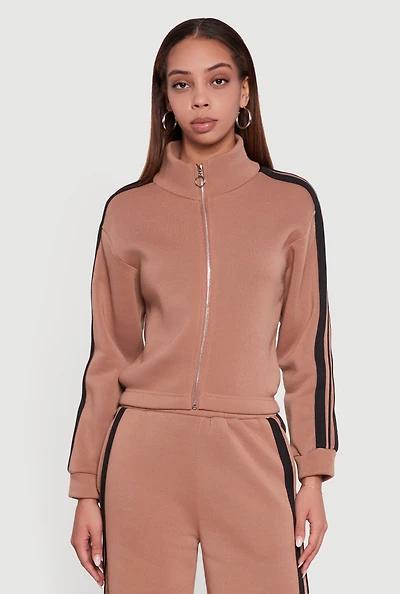 Womens Varsity Stripe Mock Neck Zip Front Sweatshirt,