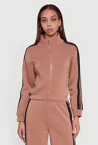Varsity Stripe Mock Neck Zip Front Sweatshirt