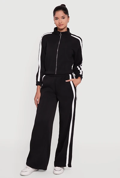 Womens Contrast Trim Fleece Lined Wide Leg Pants,