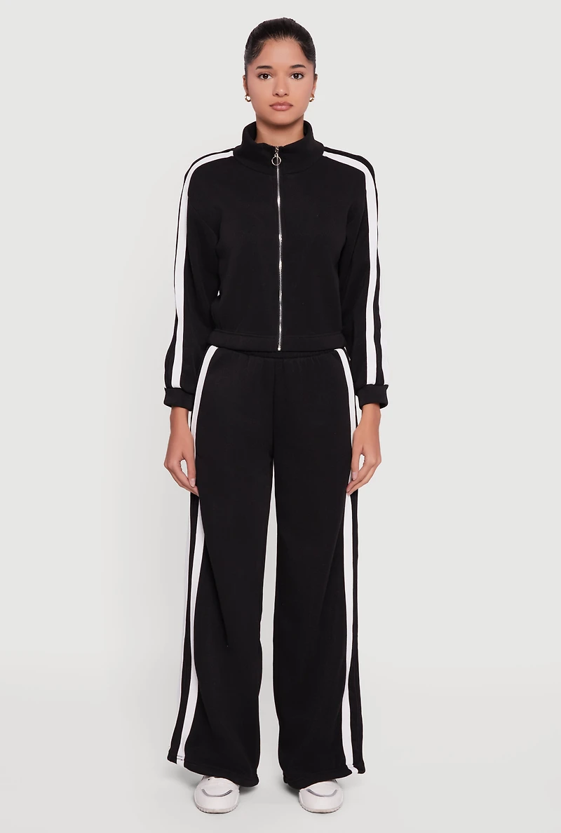 Contrast Trim Fleece Lined Wide Leg Pants