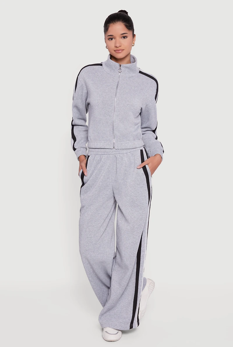 Contrast Trim Fleece Lined Wide Leg Pants