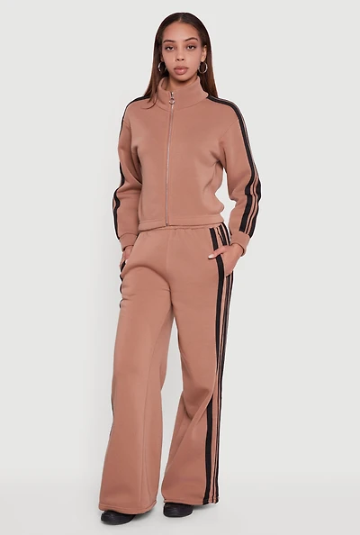 Contrast Trim Fleece Lined Wide Leg Pants