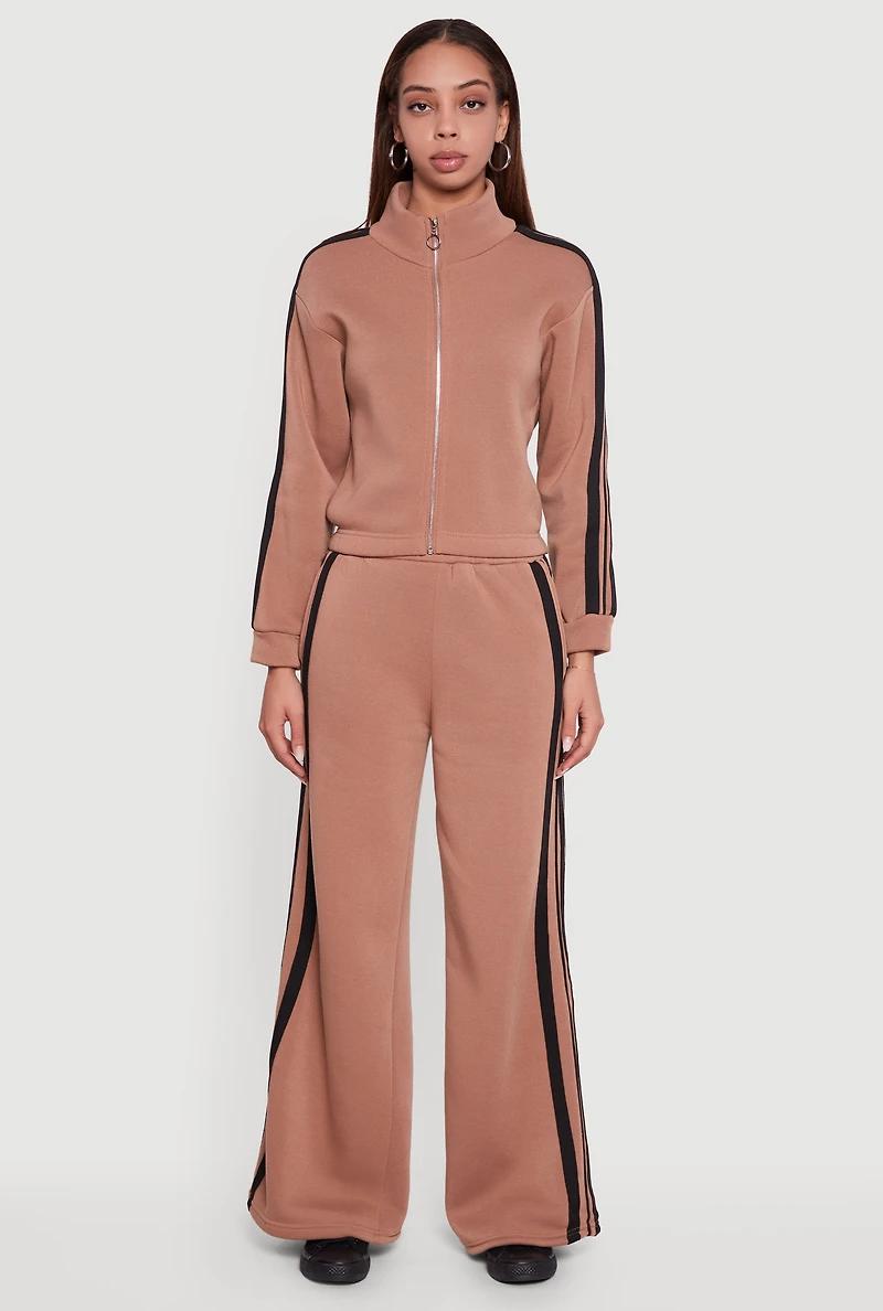 Contrast Trim Fleece Lined Wide Leg Pants