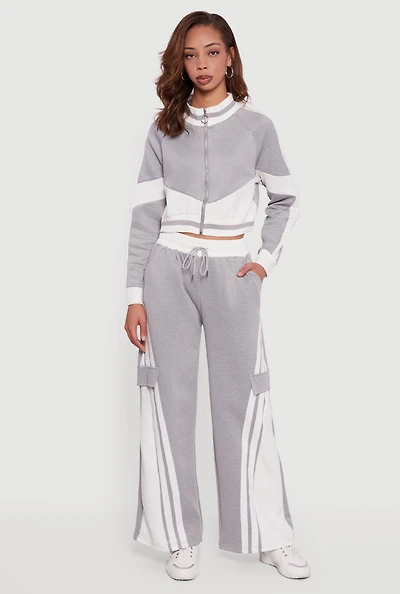 Womens High Waisted Stripe Detail Wide Leg Active Pants, Grey,