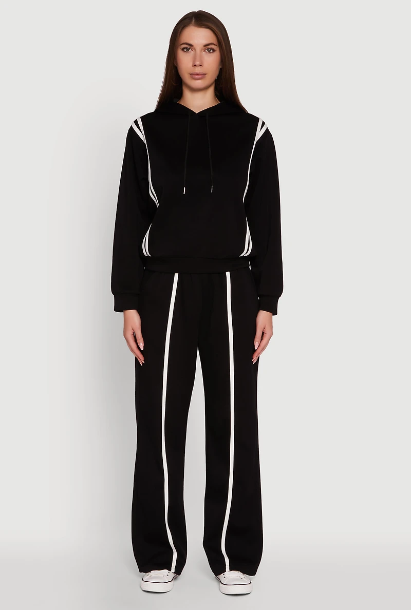 Womens Contrast Trim Mid Rise Wide Leg Sweatpants, Black,